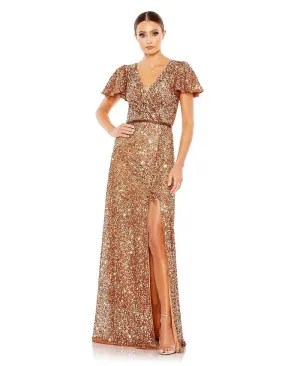 Mac Duggal Women's Sequin Draped Wrap Over Butterfly Sleeve Dress gold