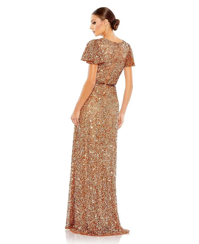 Mac Duggal Women's Sequin Draped Wrap Over Butterfly Sleeve Dress gold