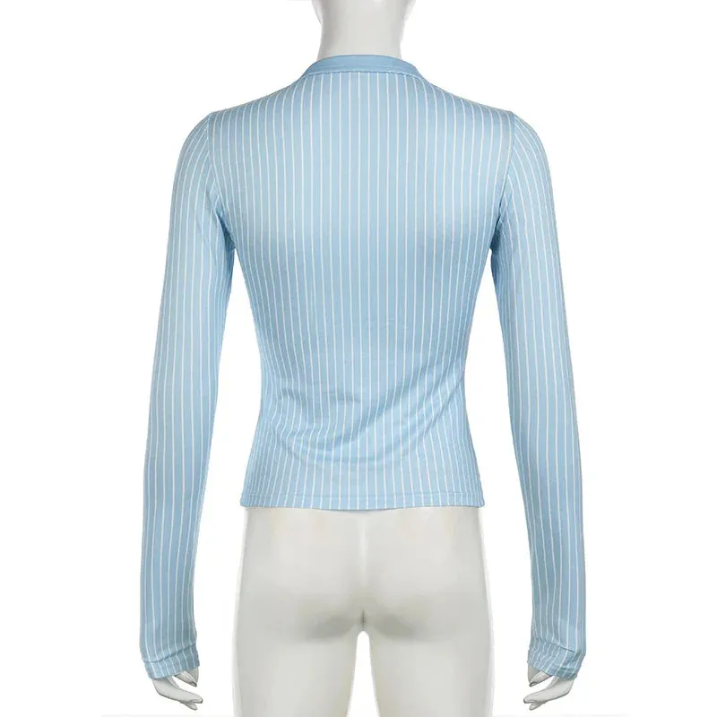 Metaversmall Fashion Chic Blue Stripe Skinny Women Blouse Top Long Sleeve Korean Buttons-Up Shirt Cardigan Slim Outfits Autumn New