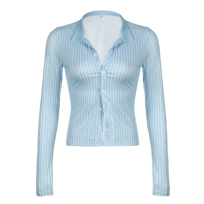 Metaversmall Fashion Chic Blue Stripe Skinny Women Blouse Top Long Sleeve Korean Buttons-Up Shirt Cardigan Slim Outfits Autumn New