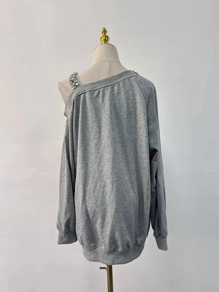 Metaversmall Solid Spliced Diamonds Loose Sweatshirts For Women Irregular Collar Long Sleeve Off Shouldrer Top Female Fashion