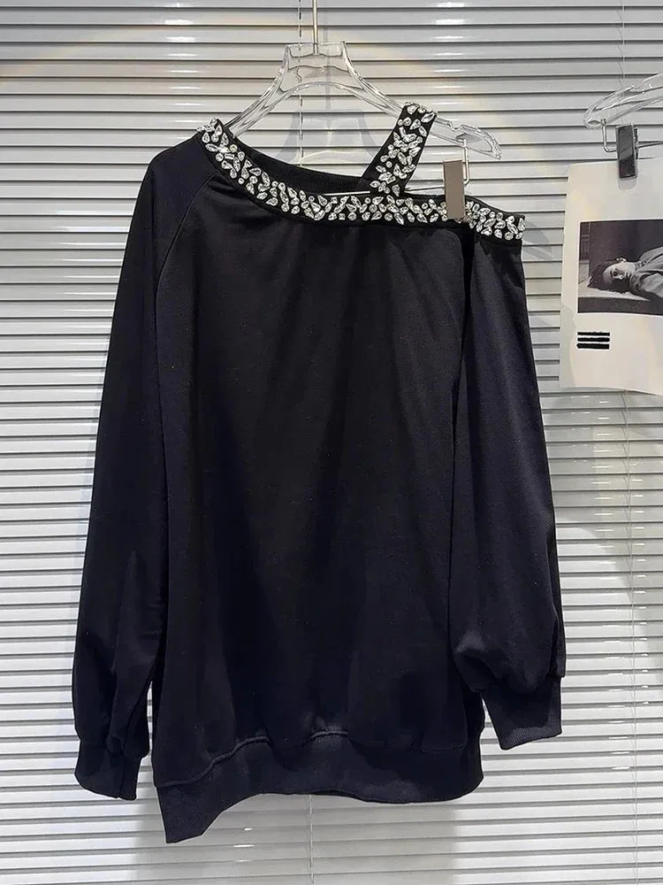 Metaversmall Solid Spliced Diamonds Loose Sweatshirts For Women Irregular Collar Long Sleeve Off Shouldrer Top Female Fashion