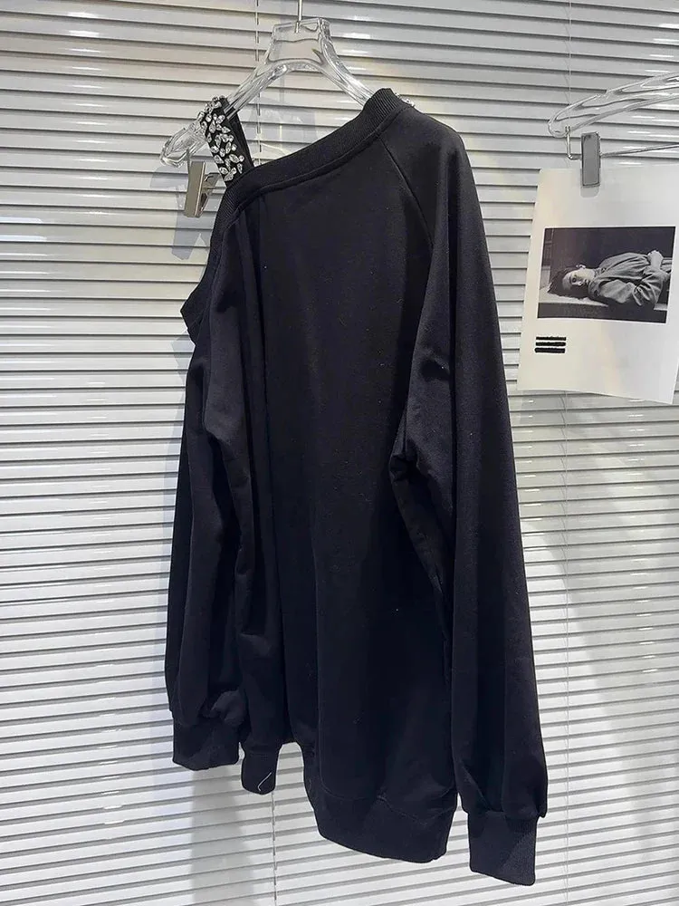 Metaversmall Solid Spliced Diamonds Loose Sweatshirts For Women Irregular Collar Long Sleeve Off Shouldrer Top Female Fashion