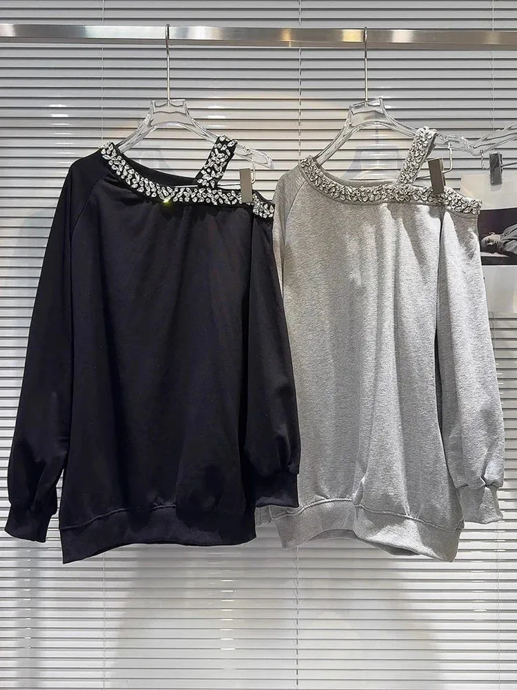 Metaversmall Solid Spliced Diamonds Loose Sweatshirts For Women Irregular Collar Long Sleeve Off Shouldrer Top Female Fashion