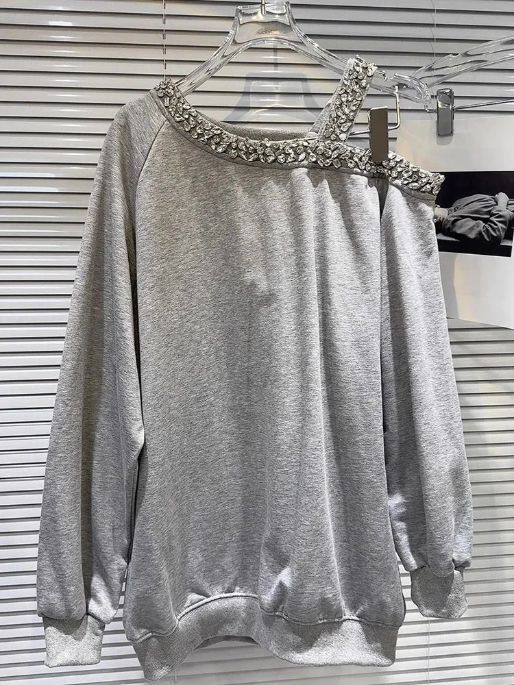Metaversmall Solid Spliced Diamonds Loose Sweatshirts For Women Irregular Collar Long Sleeve Off Shouldrer Top Female Fashion