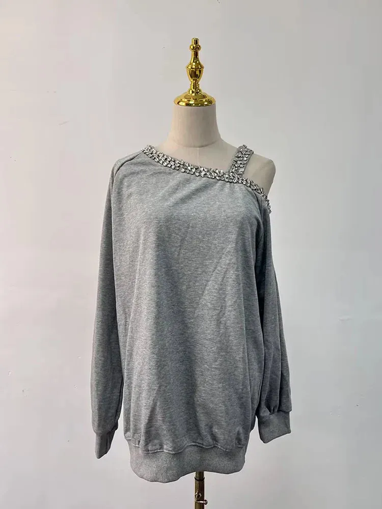 Metaversmall Solid Spliced Diamonds Loose Sweatshirts For Women Irregular Collar Long Sleeve Off Shouldrer Top Female Fashion