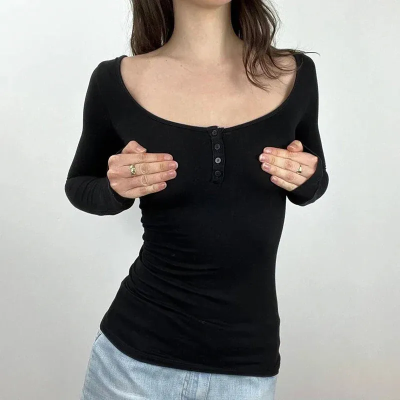 Metaversmall Vintage Fashion Black Autumn T shirt Women Long Sleeve Skinny Lace Patched Backless Y2K Tee Pullover Buttons Fall New