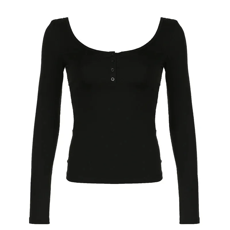Metaversmall Vintage Fashion Black Autumn T shirt Women Long Sleeve Skinny Lace Patched Backless Y2K Tee Pullover Buttons Fall New