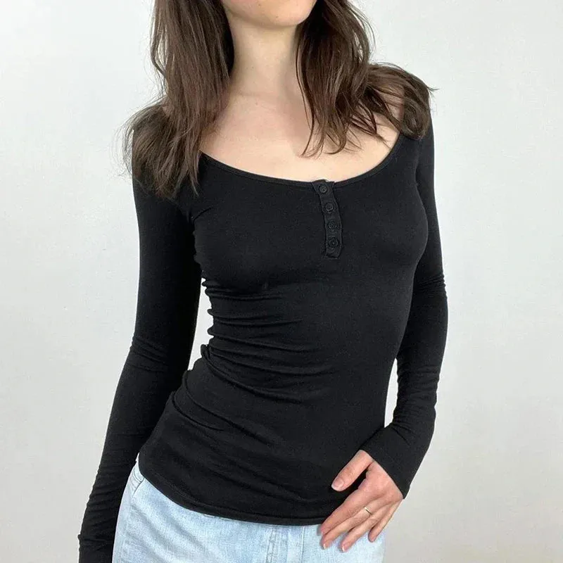 Metaversmall Vintage Fashion Black Autumn T shirt Women Long Sleeve Skinny Lace Patched Backless Y2K Tee Pullover Buttons Fall New