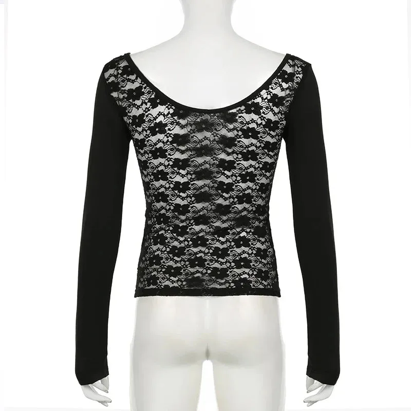 Metaversmall Vintage Fashion Black Autumn T shirt Women Long Sleeve Skinny Lace Patched Backless Y2K Tee Pullover Buttons Fall New