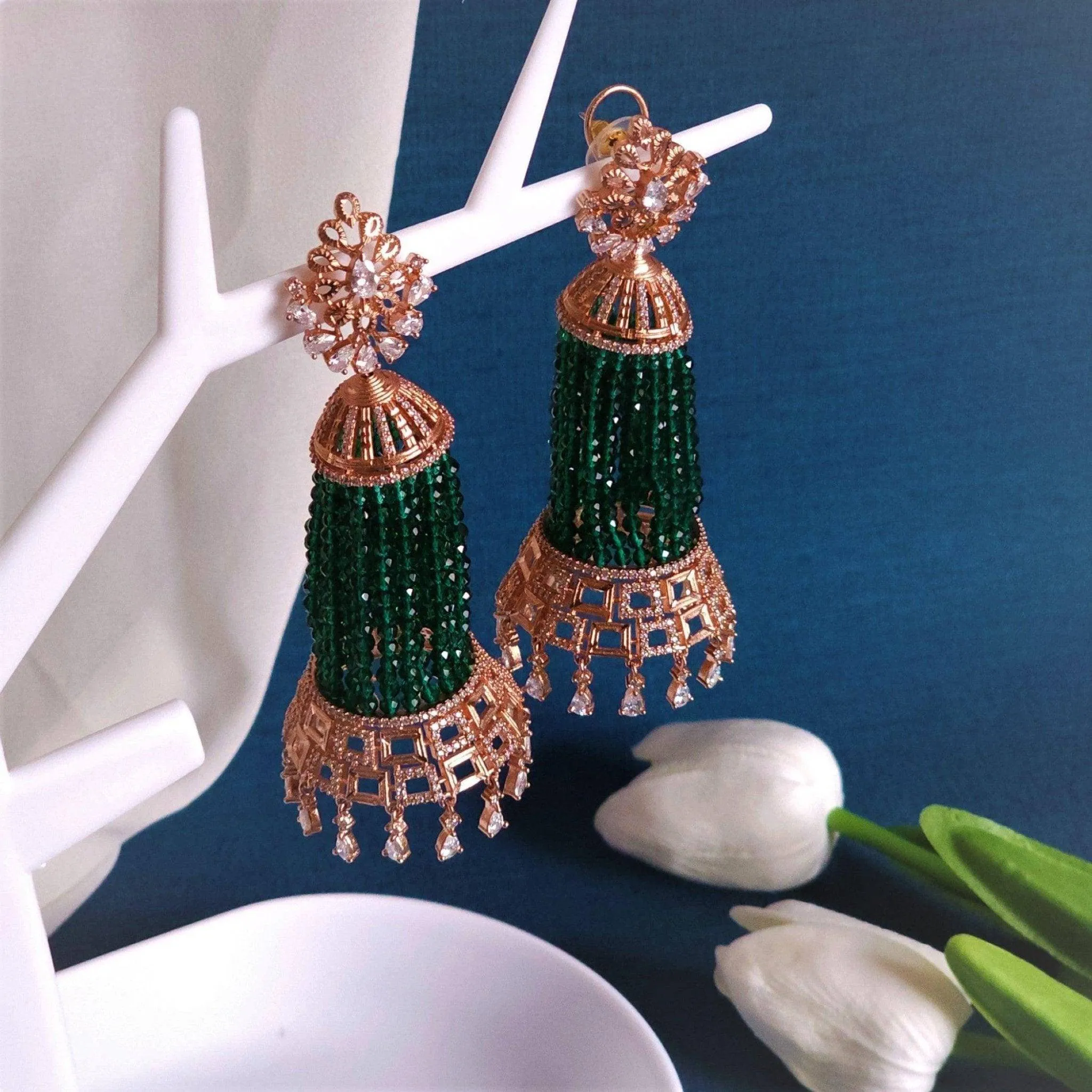 Munira Rose Gold AD Pearl Jhumka Earrings Green