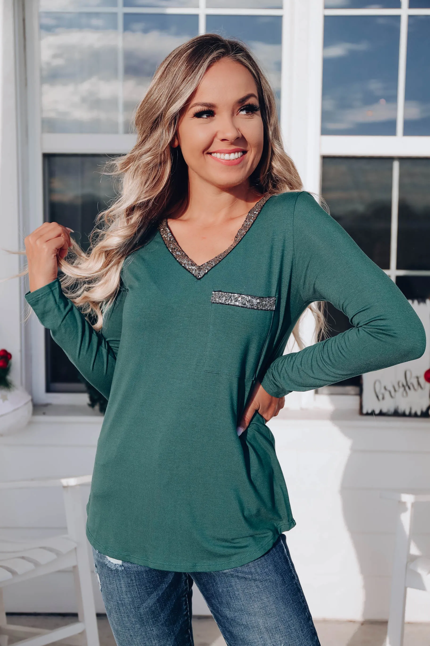 Oh So Glamorous Long Sleeve Top - Green
