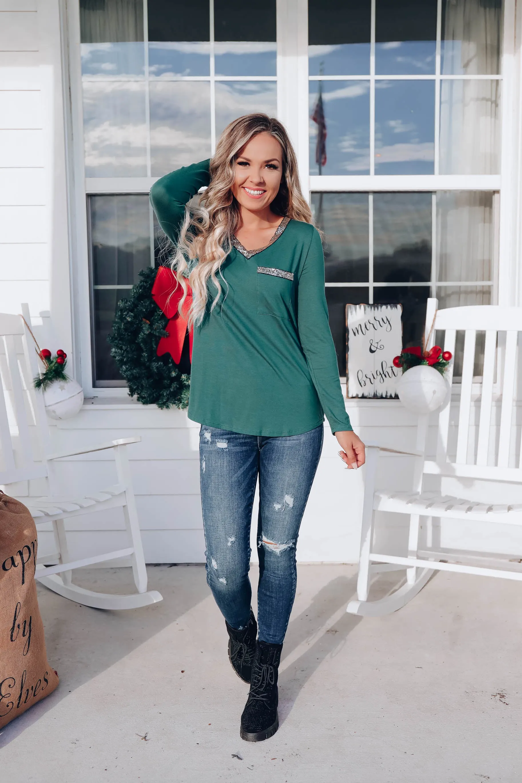 Oh So Glamorous Long Sleeve Top - Green