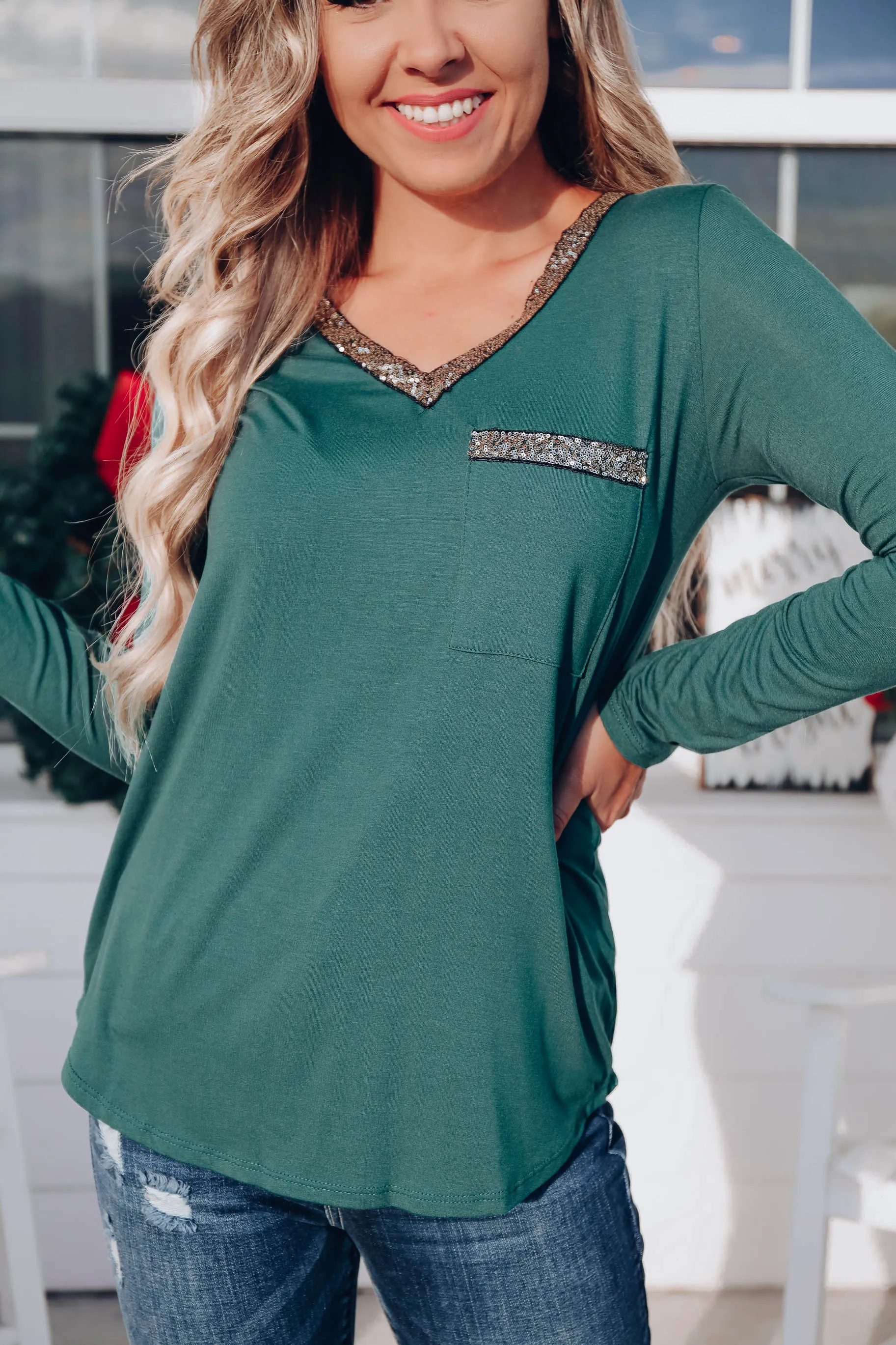 Oh So Glamorous Long Sleeve Top - Green