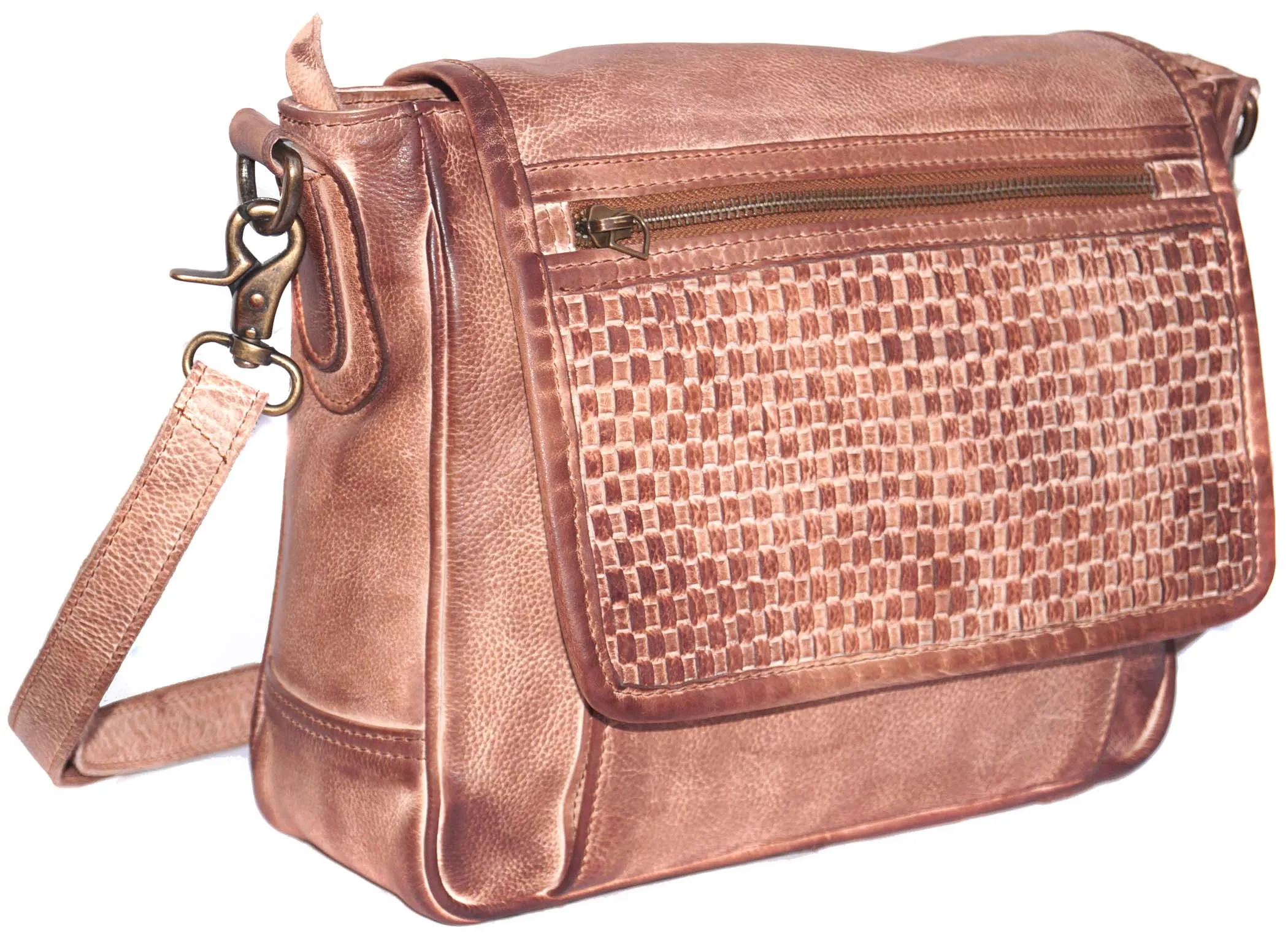 Peter Multi Pockets Across Body Shoulder Real Leather Bag (Leather Weave)