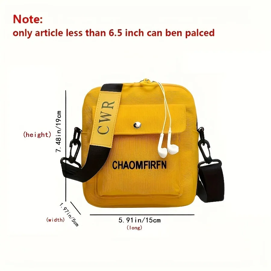 realaiot  Canvas Crossbody Square Bag, Women's Letter Pattern Zipper Shoulder Bag With Headphone Hole