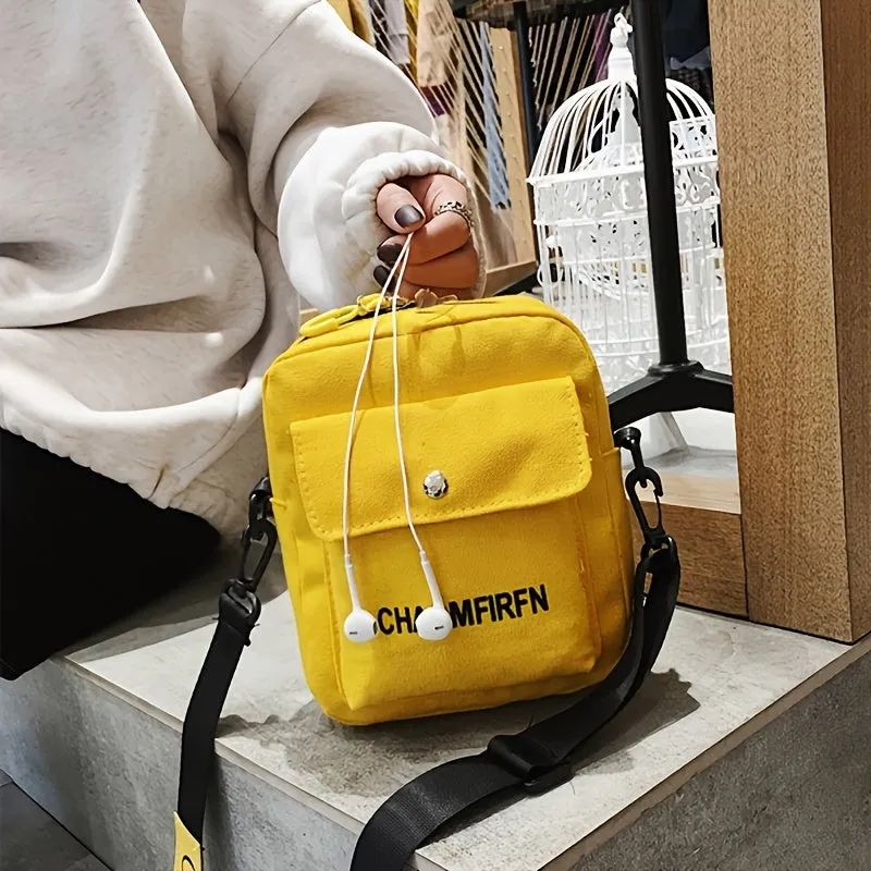 realaiot  Canvas Crossbody Square Bag, Women's Letter Pattern Zipper Shoulder Bag With Headphone Hole