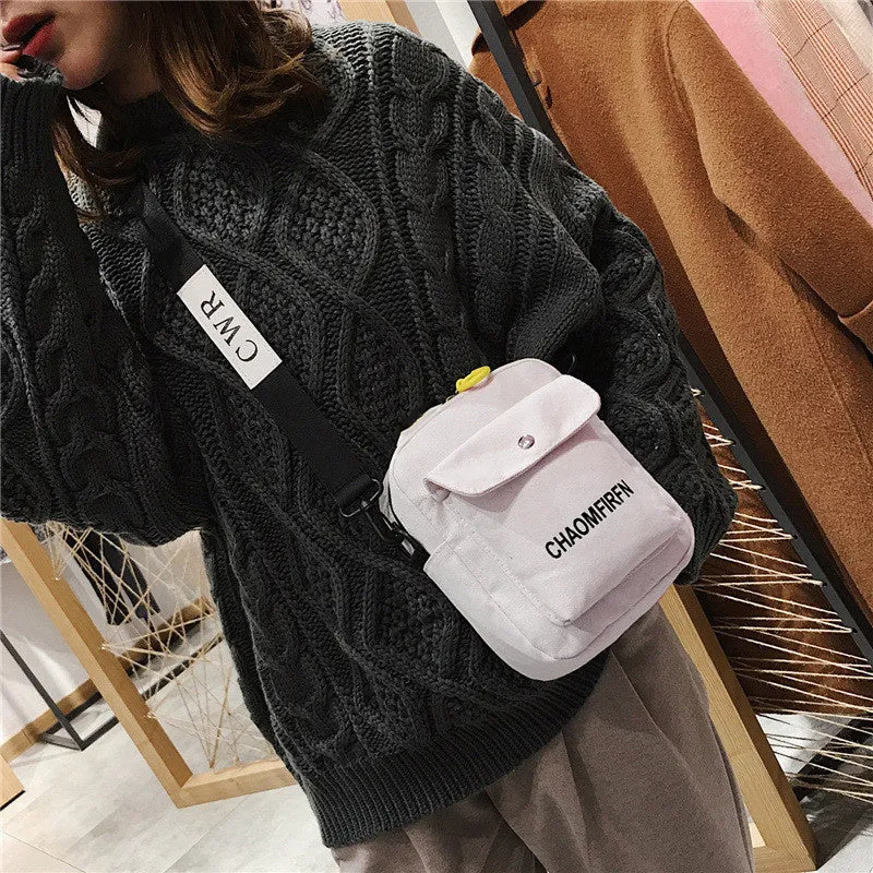 realaiot  Canvas Crossbody Square Bag, Women's Letter Pattern Zipper Shoulder Bag With Headphone Hole