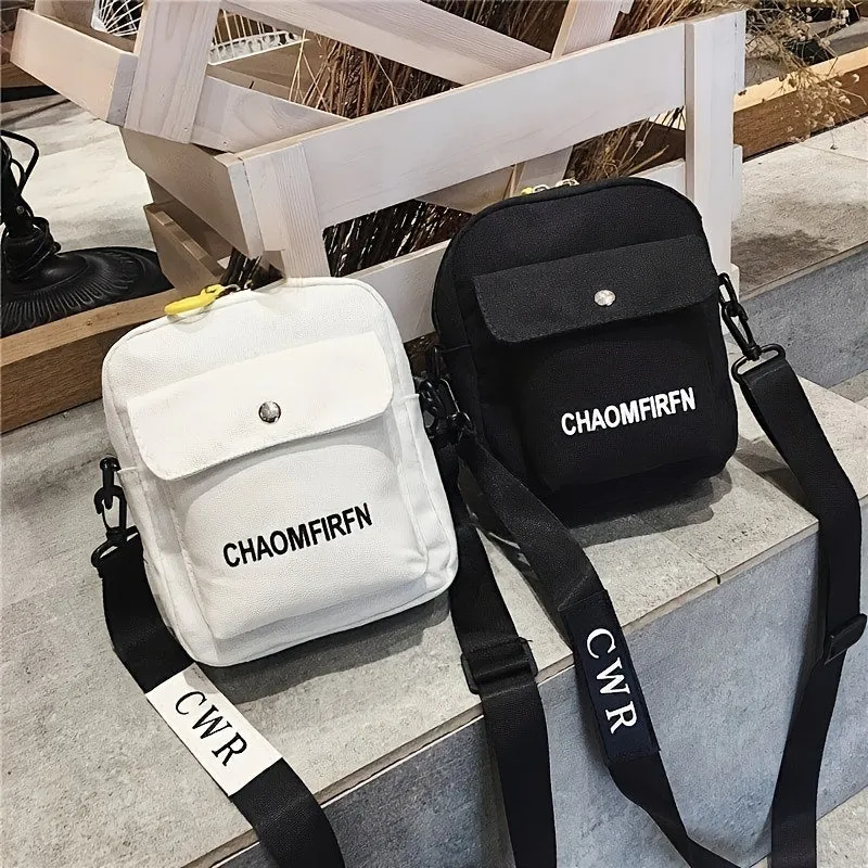 realaiot  Canvas Crossbody Square Bag, Women's Letter Pattern Zipper Shoulder Bag With Headphone Hole