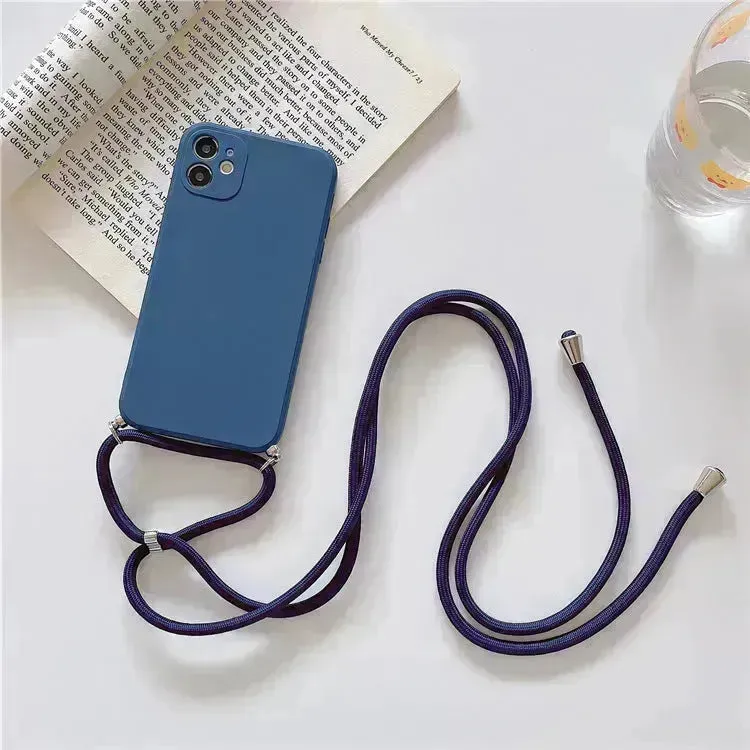 Solid Color Diagonal Lanyard Phone Case Silicone Couple Phone Case