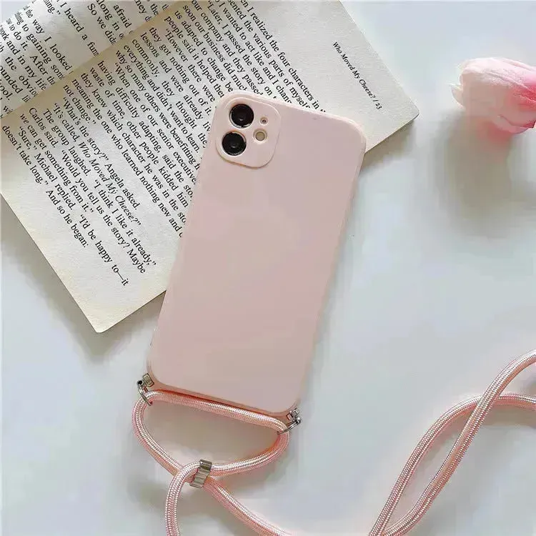 Solid Color Diagonal Lanyard Phone Case Silicone Couple Phone Case