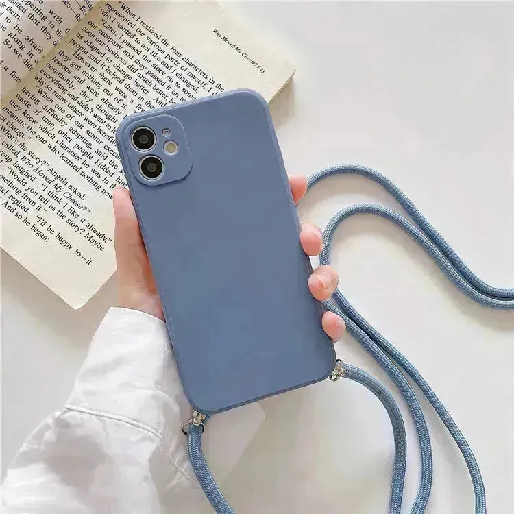 Solid Color Diagonal Lanyard Phone Case Silicone Couple Phone Case