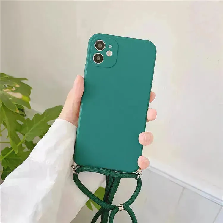 Solid Color Diagonal Lanyard Phone Case Silicone Couple Phone Case