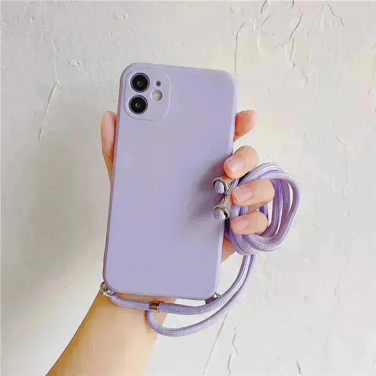 Solid Color Diagonal Lanyard Phone Case Silicone Couple Phone Case