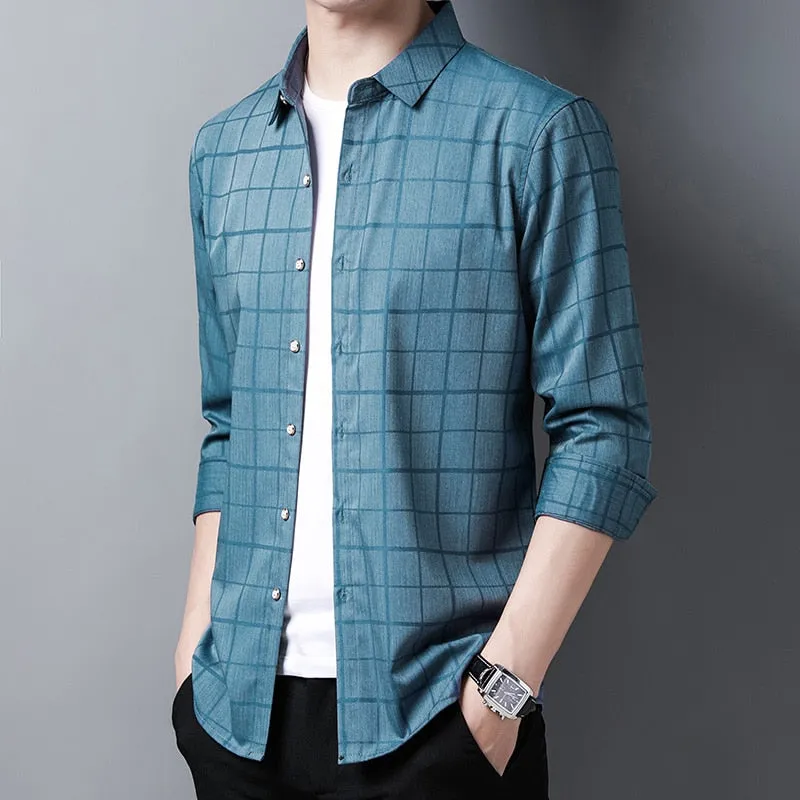 Top Grade Fashion Designer Brand Slim Fit Men Classic Plaid Shirts Spring Autumn Long Sleeve Trendy Casual Men Clothing