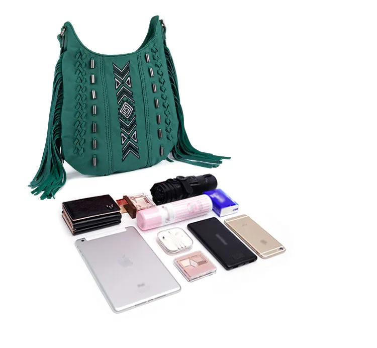 Vintage Green PU Leather Boho Fringe Crossbody Bag Purse for Women
