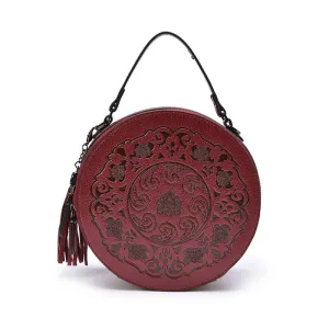 Vintage Toem Embossing Round Shape Leather Tote Bags 9785